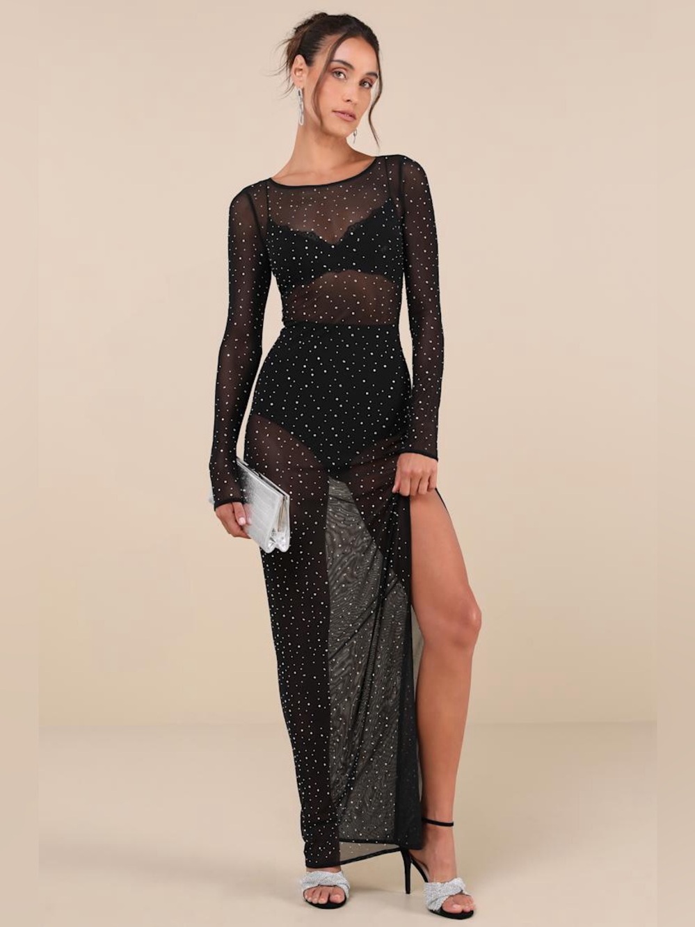NWT Lulus Daring Sparkle Black Sheer Mesh Rhinestone Maxi Dress, Size Medium
